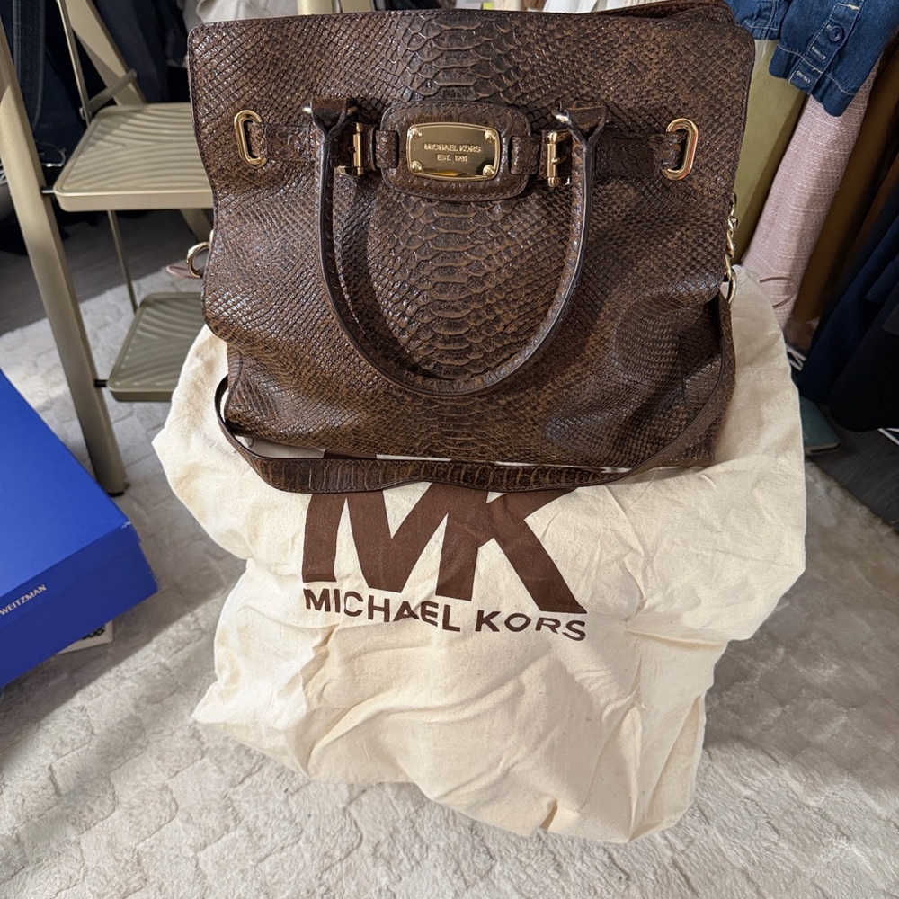 Michael Kors Brown Snake Print Bag with Gold Accents